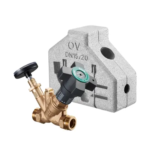 Brass valve with external thread, equipped with insulation and thermometer, alongside a grey insulating block, branded Oventrop.